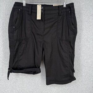 Chicos Womens Burmuda Utility Short Size 1.5/M Black Linen Blend Roll Tab NEW